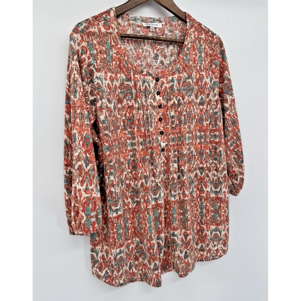 Rose & Olive 3/4 Sleeve Boho Print Top soft turquoise orange soft stretch 1X‎